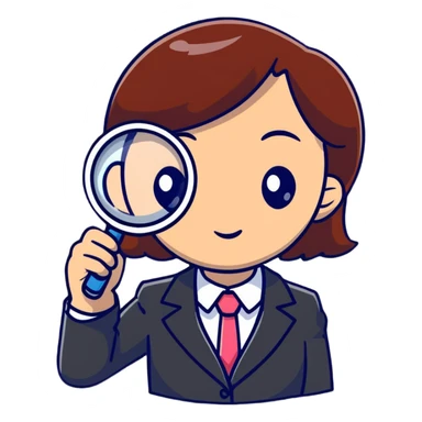 girl detective in a suit, peering through a magnifying glass, inquisitive expression sticker