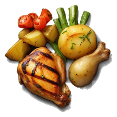 Grilled chicken, with cooked potatoes and grilled vegetables on a plate sticker