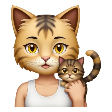 make me emoji hugged tabby fluffy cat with yellow eyes, person is black straight hair with kinda asian chocolate eyes but still have eyelids, with latina lashes and eyelashes, wear white tanktops sticker