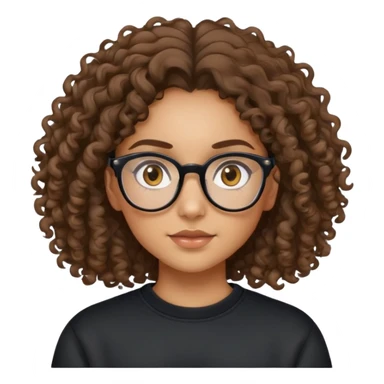 Mixed girl /curly long hair brown / with brown eyes glasses black sweat shirt middle part sticker