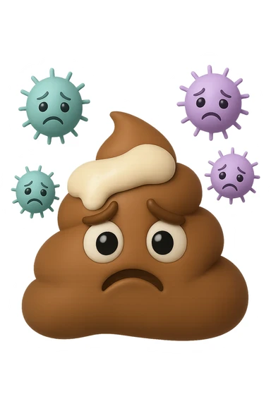 emoji stile iphone 3d di una cacca con muco bianco sopra, dietro cui fluttuano batteri intestinali tristi, iperrealistiche 4k sticker