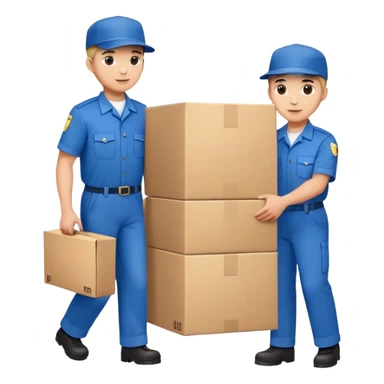 two workers in blue uniforms and hat caps carrying a large box sticker