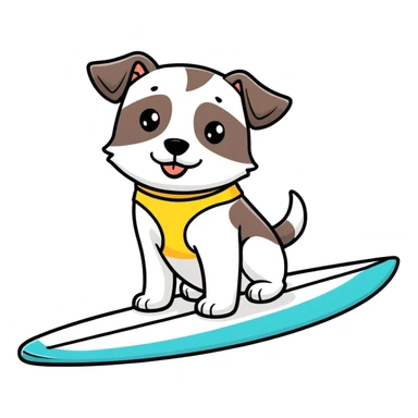 Dog with swim trunks on a surfboard  sticker