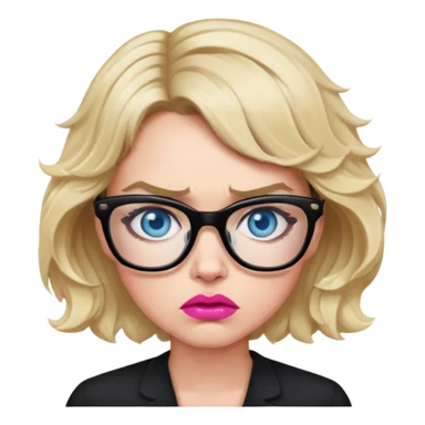 Blonde woman with short wavy hair, blue eyes and pink lips wearing black glasses looking angry sticker