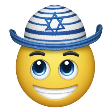 Create an emoji-style smiley face wearing a traditional Jewish kippah and a tallit, incorporating Mexican cultural influences. The face should have a warm, friendly expression. Add elements like vibrant colors, decorative patterns inspired by Mexican art (such as Talavera or papel picado designs), and possibly a subtle sombrero blend with the kippah. The tallit should have blue and white stripes but can feature a hint of Mexican embroidery. The overall aesthetic should be cheerful and culturally harmonious." sticker