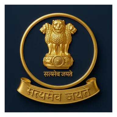 Satyamev Jayate logo in gold, set against a rich navy blue background, traditional and prestigious look sticker
