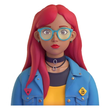young woman facing forward, long straight bright red hair, blue translucent glasses, black septum ring, black choker necklace, dark denim jacket with a yellow-red patch labeled 'LIB', calm neutral expression, cute face sticker