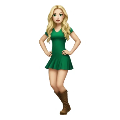 Realistic White girl with Long straight blonde hair, green eyes, tattoos, full body wearing green dress and Brown High boots, dancing sticker