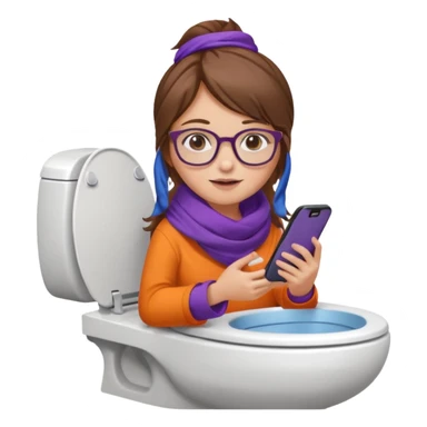 Fille châtain peau blanche avec lunettes. Elle porte une grosse écharpe violette, bleu et orange. Elle assise dans une cuvette de toilette. Téléphone en main. Realiste sticker