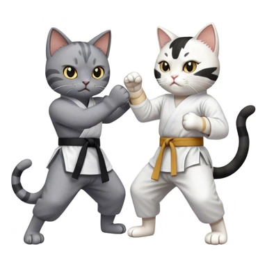 Grey cat with some white karate fighting a black and white cat sticker