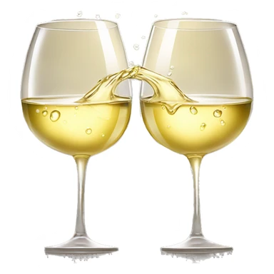 Two wine glasses filled with white wine clinking together in a toast, with soft sunlight highlighting the golden liquid and droplets of condensation on the glass sticker