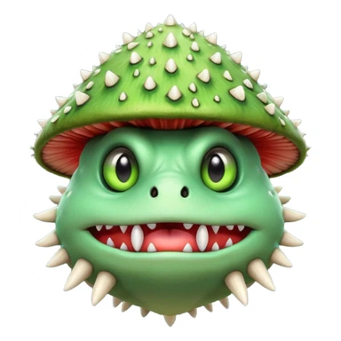 poisonous mushroom monster portrait, head and shoulders only, animal-like creature, mushroom cap head with spikes, toxic green glow, beast-like eyes, furry neck details, monstrous but cute fantasy vibe, 3D cartoon, mobile game icon style, clean background, no text, no watermark

 sticker