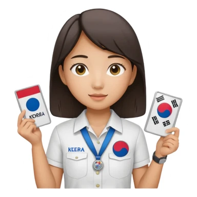 A young Asian guide holding her tour license in both hands, wearing a white shirt with the South Korea badge on her chest. sticker