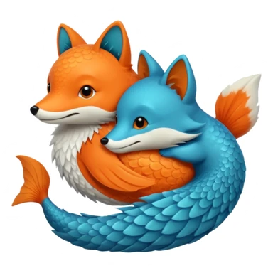 An orange fish and a teal blue fox, that are hugging or cuddling each other sticker