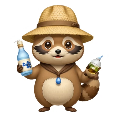 japanese tanuki with straw hat and sake bottle sticker