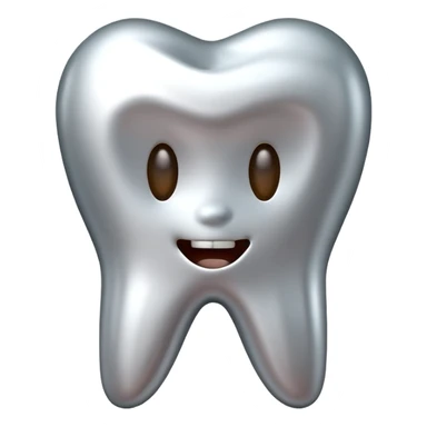 human tooth emoji, smooth chrome ceramic-metal texture, clean medical luxury aesthetic, isolated on white sticker