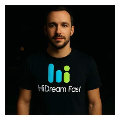 man wearing tshirt with this logo, dark night background with dim , add fast below logo, make man fit into image, add fast insead pf the dev keep rest same sticker