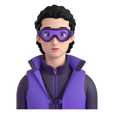 male athlete with white skin and moderately curly black hair on top with shaved sides, wearing ski goggles with purple frames and very dark black lenses, a simple plain black chain necklace, and a completely unzipped/wide open shiny purple vest fully revealing his chest and abs, no earrings sticker