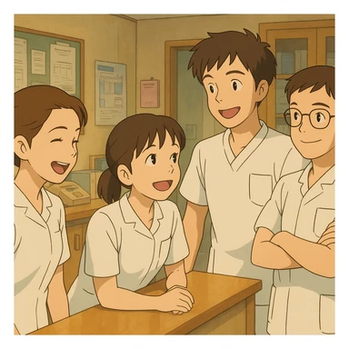 Ghibli scene with four nursing students gathered in a care station, all in white short-sleeve uniforms, medical tunics with V-neck and left chest pocket, no collar stand or stethoscopes, no fabric under sleeves, team spirit, warm care environment sticker