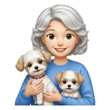 silver, short, wavy-haired with loose curls, smiling pretty lady holding a whit terrier dog and a white and tan shih tzu dog sticker