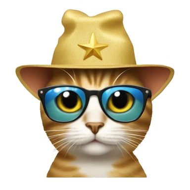 cat wearing sunglasses and a star hat sticker
