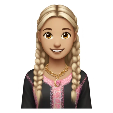 Slavic girl, light skin, brown eyes, black-to-blonde ombre straight thin ponytail, smiling with teeth, wearing beautiful blouse with a folk pattern of small pink flowers, a gold chain with a round pendant around her neck. sticker