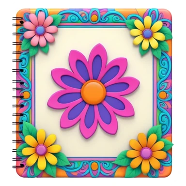 3D, psychedelic colored note pad with hippie style flower border sticker