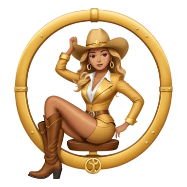 Beyonce flying with golden cowboy suit and hat sitting on giant horseshoe sticker