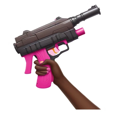 brown hand with pink nails holding large scary dark nerf gun sticker