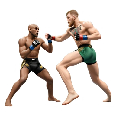 An MMA showdown between Conor McGregor and Anderson Silva in the octagon. McGregor is executing a powerful jumping strike, while Silva is expertly blocking the attack with his forearm. The background features the UFC octagon, fans in the distance, and dynamic action. Transparent background sticker