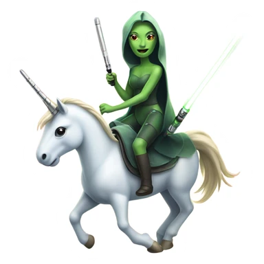 a unicorn with a green alien woman on it holding a lightsaber sticker