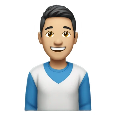 Asian man laughing, blue cloth, big smile,wide shoulder,long sleeve sticker