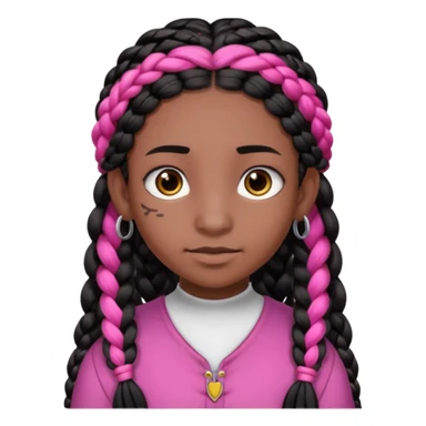arikan, dark long hair whit pink 
and black braids. brown skin, smal round face and a big nose sticker