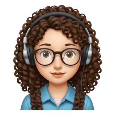 brunette kid with unique face features and very curly long hair kid girl neutral and big glasess and big nose and dark eyes with freckles kind of nerd looking and headphone wearing sticker