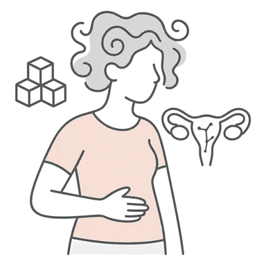 minimalist medical pastel illustration of a female silhouette with abstract PCOS symptoms including swirling hair, sugar cubes, constellation-like ovaries sticker