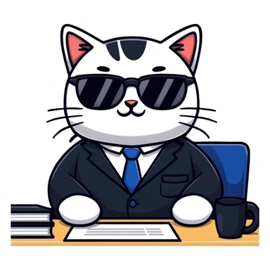 cat wearing glasses and business suit, sitting at office desk looking important sticker