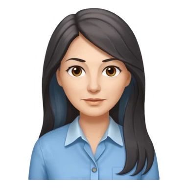 vit 50-årig kvinna med jättelångt mörkbrunt hår med grå/vita slingor bruna ögon ljusblå skjorta med översta knappen uppknäppt sticker