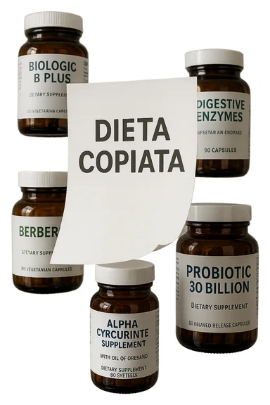 FOGLIO DI CARTA FLUTTUA IN ARIA CON LA SCRITTA "DIETA COPIATA", INSIEME A BARATTOLI DI INTEGRATORI PER CURARE IL SIBO IN ITALIANO, IPERREALISTICO 4K, NON DISEGNATO sticker