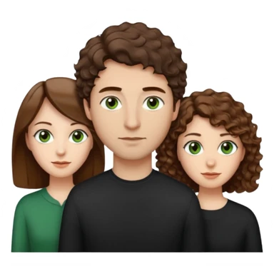 Man in the middle with brown straight hair and green eyes, women next to him with short brown hair with slight waves, tall women on right side with shoulder length curly hair and brown eyes sticker