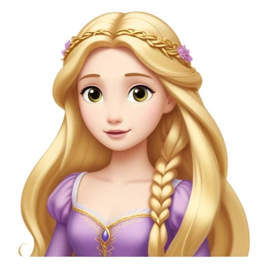 Cinematic Timeless Rapunzel Portrait Emoji, rendered in a clean, vector style. Depict Rapunzel with porcelain skin, beautifully styled long golden hair, and a serene, graceful expression, dressed in her classic gown. The design features bold, clean lines, a soft, magical glow, and a subtle glowing outline that captures her timeless, fairy-tale beauty. sticker