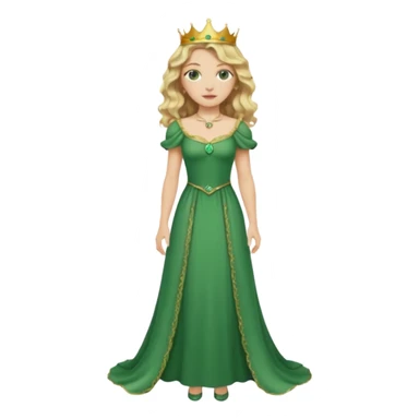 Queen, crown, blonde wavy hair, green eyes, long green narrpw dress, whole Body, sticker
