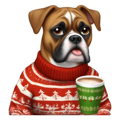 Chubby boxer dog in a festive christmas sweater drinking hot chocolate sticker