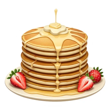 a stack of 3 pancakes with melted white chocolate drizzle on the top pancake and strawberries sticker