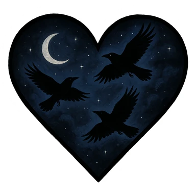 emo heart with night sky and dark ravens, remove background sticker