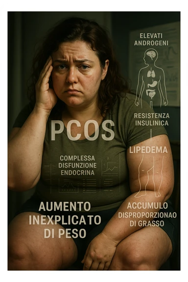 cinematic realistic Woman with PCOS struggling with hormonal chaos, transparent overlay showing elevated androgens and insulin resistance affecting her body, lipedema causing disproportionate fat accumulation in legs and arms despite normal torso, expression of frustration with unexplained weight gain, medical charts showing complex endocrine dysfunction, painful swollen limbs contrasting with metabolic confusion scrivi i testi in italiano sticker