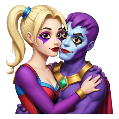 Harley quinn facing thanos, holding him tight while kissing him sticker