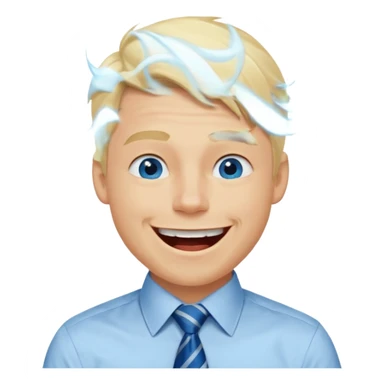 A 27 year old guy with blonde hair and blue eyes that looks masculine. make him wear a shirt with a tie. he is danish. He is laughing extremely hard. More extreme expression sticker
