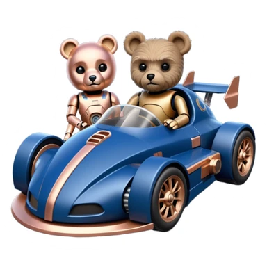  Space-weathered/Carbonized Metallic dark blue and rosegold-accented  racing car for furry-faced grey bearded evil alien scary robot teddy bear and passenger with custom aero body and rear spoiler (Star Wars style) sticker