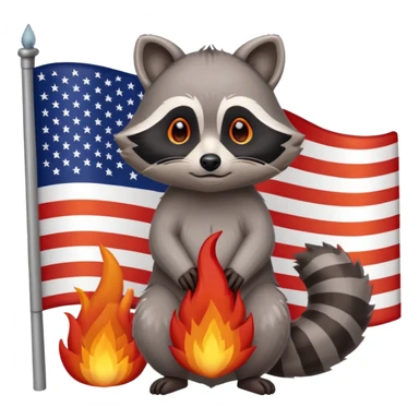 Sad raccoon standing in front of an American flag on fire sticker