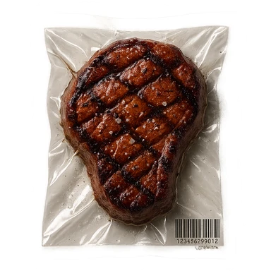 grilled steak with scattered small sparkling crystals, glossy, vacuum-sealed style sticker